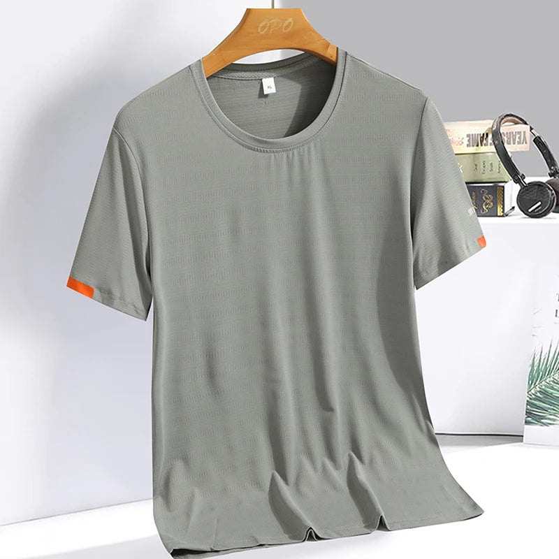 Verão masculino gelo seda camiseta moletom em torno do pescoço simples correndo terno de fitness fino respirável secagem rápida t