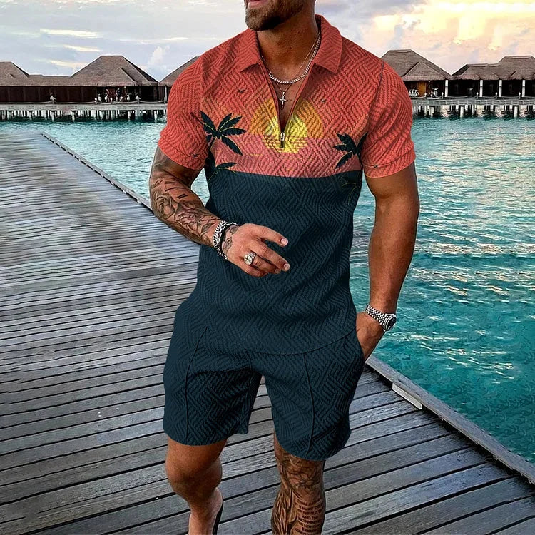 Agasalho de verão masculino terno esportivo conjunto 3d impresso casual manga curta t camisa lapela zip polo roupas masculinas jogging