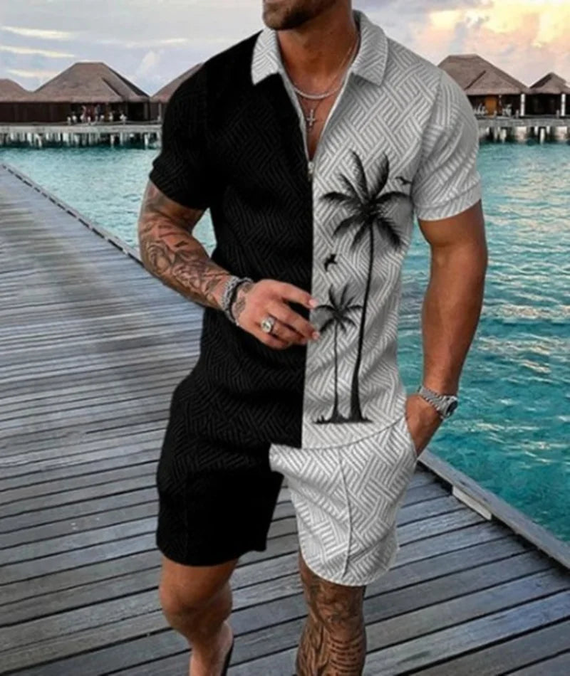 Agasalho de verão masculino terno esportivo conjunto 3d impresso casual manga curta t camisa lapela zip polo roupas masculinas jogging