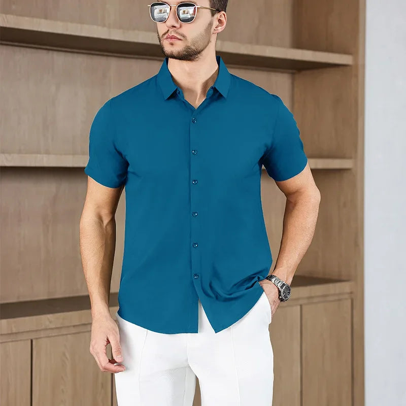 Novo negócio masculino casual cor sólida camisa de manga curta para moda verão sem engomar confortável e versátil topo