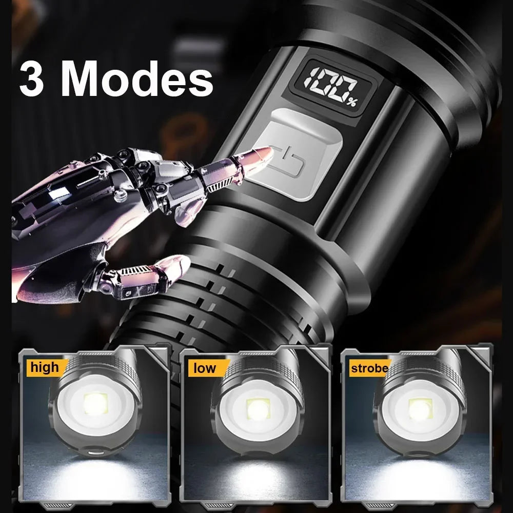 Lanternas LED de Alta Potência com Display, Tocha Tática, Luz de Display, Carregamento USB, Camping, Pesca, Defensa Zoom Lanterna, 300000LM