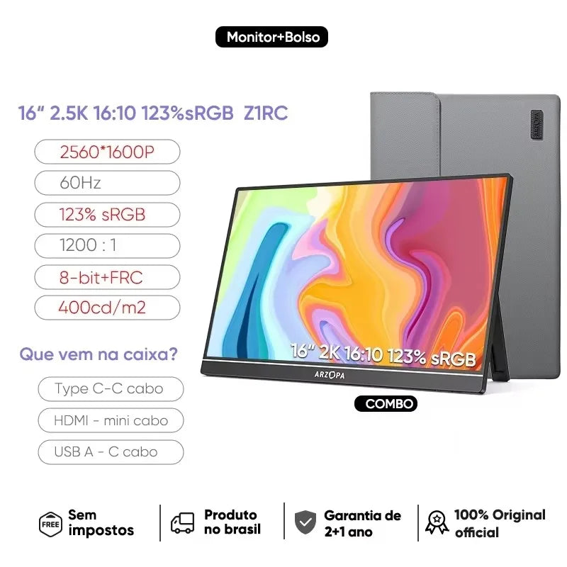 ARZOPA 16 "2.5K QHD Monitor Portátil 16:10 Tela IPS com Tipo-c Mini HDMI Segundo Display para MAC/Laptop/PC/Xbox/PS/Switch, Z1RC
