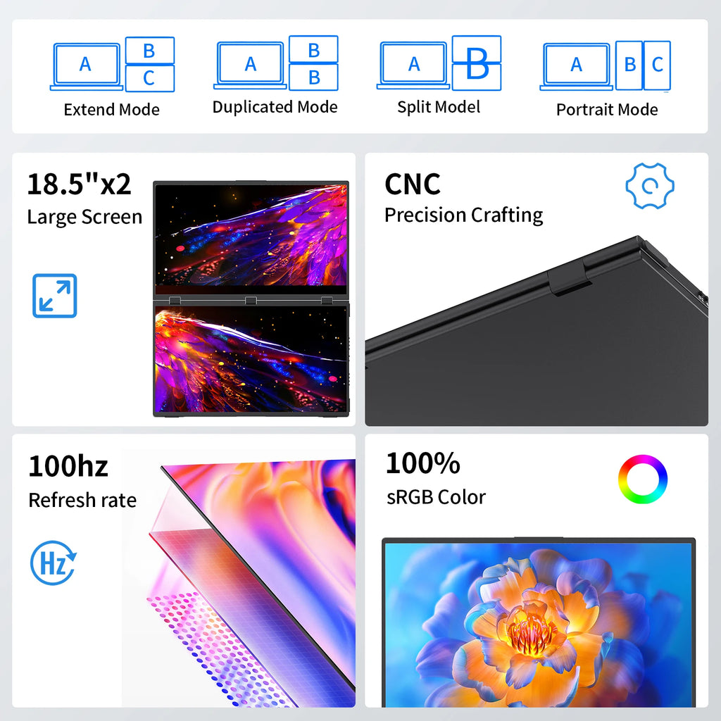 Monitor Portátil Duplo Amoudo de 18,5 polegadas 1080P FHD, Extensor de Tela para Laptop, Monitores Duplos Dobráveis Empilháveis para Laptop, PC, Windows, Mac