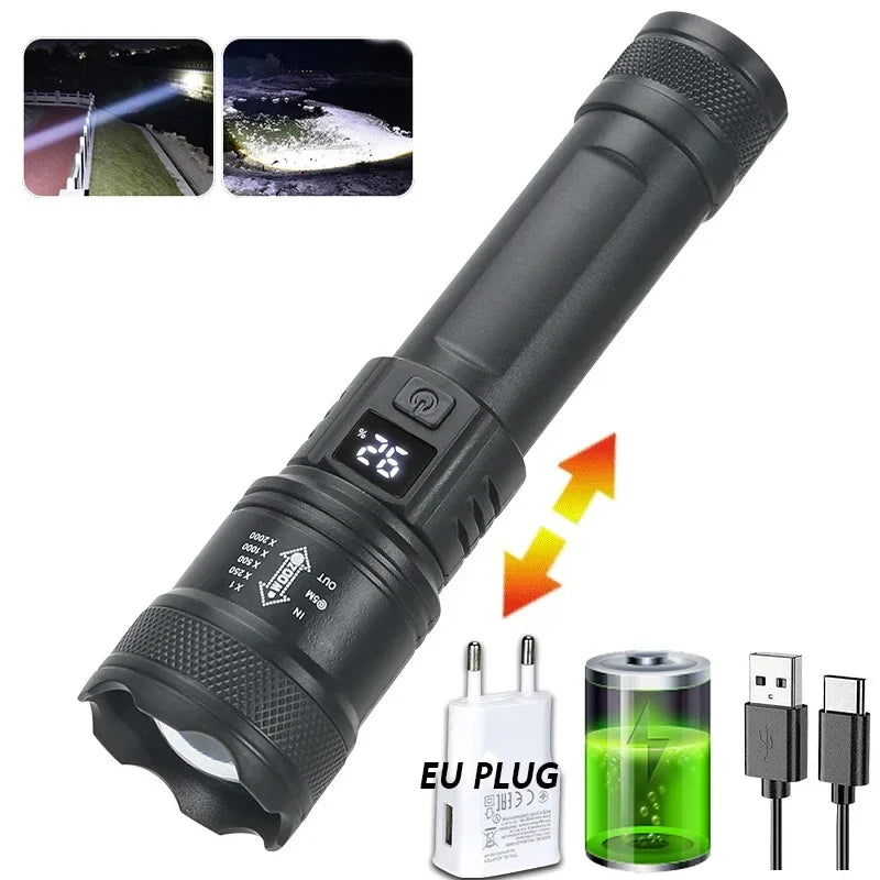Lanternas LED de Alta Potência com Display, Tocha Tática, Luz de Display, Carregamento USB, Camping, Pesca, Defensa Zoom Lanterna, 300000LM