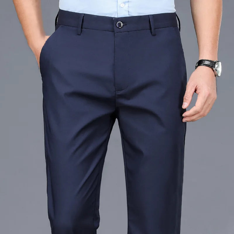 Masculino inteligente calças casuais elástico esportes calças de secagem rápida primavera outono comprimento total em linha reta escritório preto marinho calças de trabalho