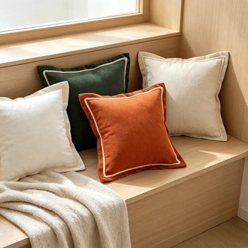 Almofada Decorativa de Veludo Micro Ondulado com Borda Dupla Franzida e Acabamento Trançado, Macia e Resistente à Sujeira para Sofá e Cama