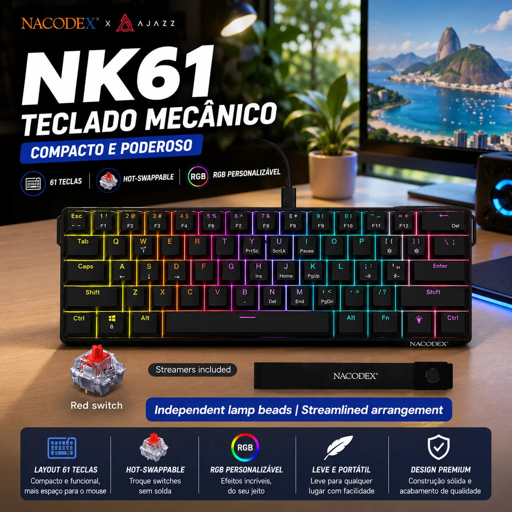Ajazz nk61 teclado mecânico para jogos com fio 60% rgb hot-swappable 61 teclas interruptor vermelho mini teclado para gamer pc