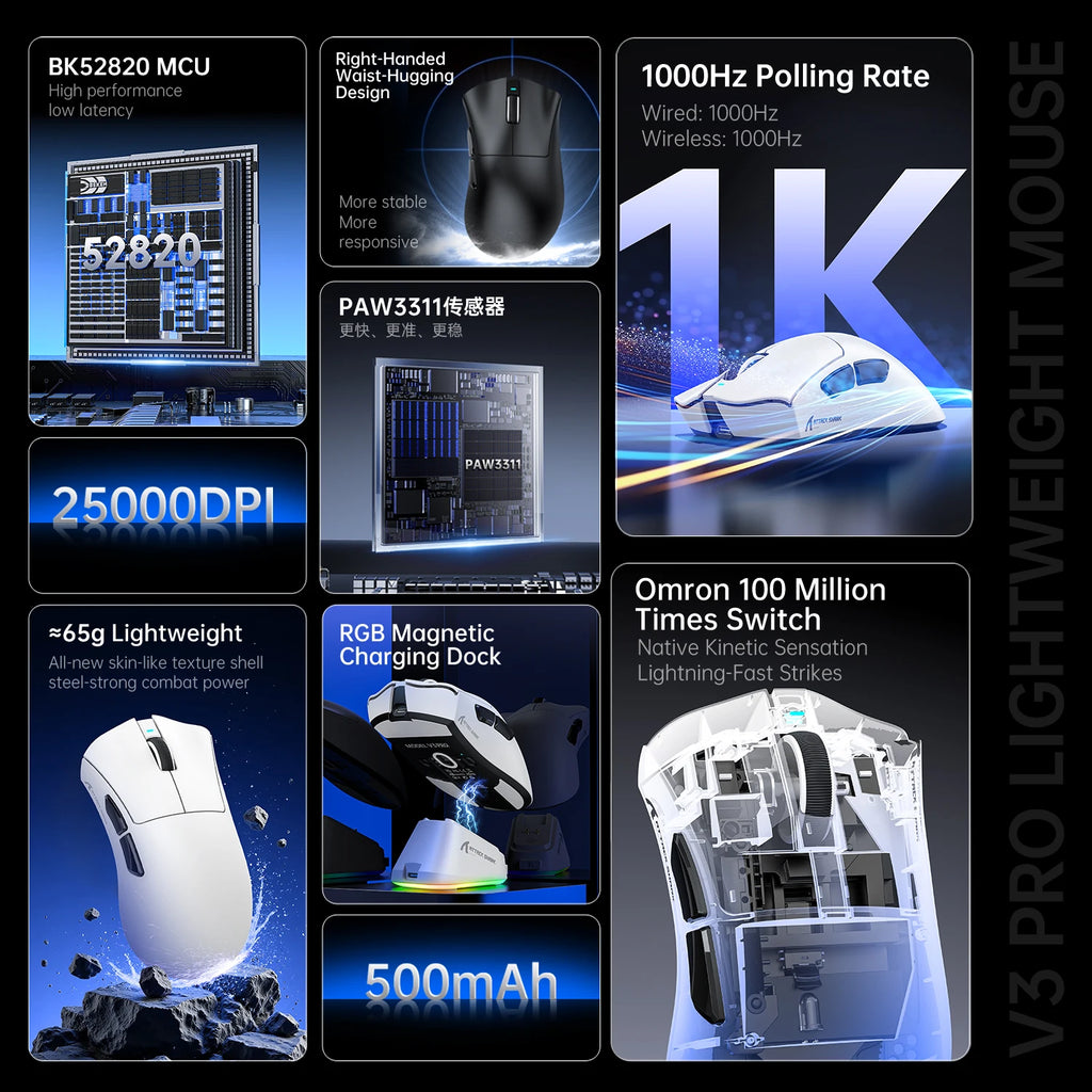 Mouse Gamer Ultra-Leve ATTACK SHARK V3PRO com Base de Carregamento, Conexão Sem Fio 2.4G/Bluetooth/Com Fio, 25000DPI, Taxa de Polling de 1000hz