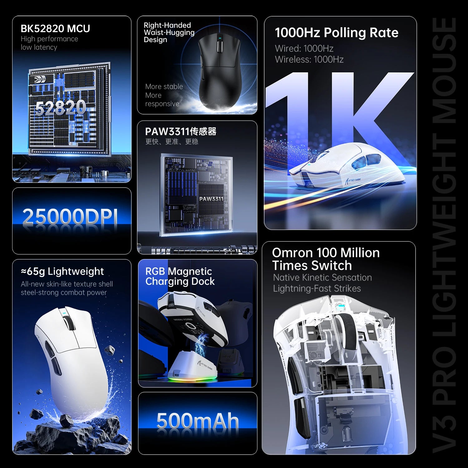 Mouse Gamer Ultra-Leve ATTACK SHARK V3PRO com Base de Carregamento, Conexão Sem Fio 2.4G/Bluetooth/Com Fio, 25000DPI, Taxa de Polling de 1000hz