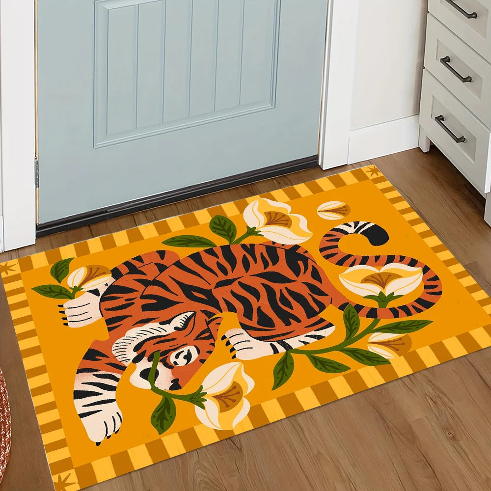 Retro tigre bem vindo porta tapete com padrão tapetes para cozinha banheiro borda xadrez quarto decoração de casa carpe