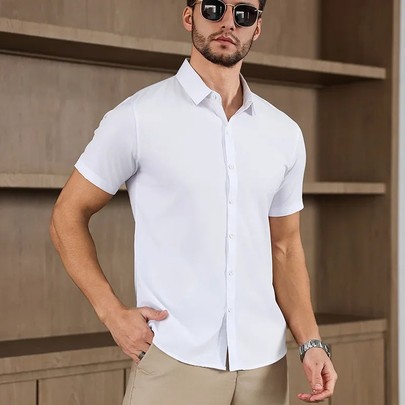 Novo negócio masculino casual cor sólida camisa de manga curta para moda verão sem engomar confortável e versátil topo