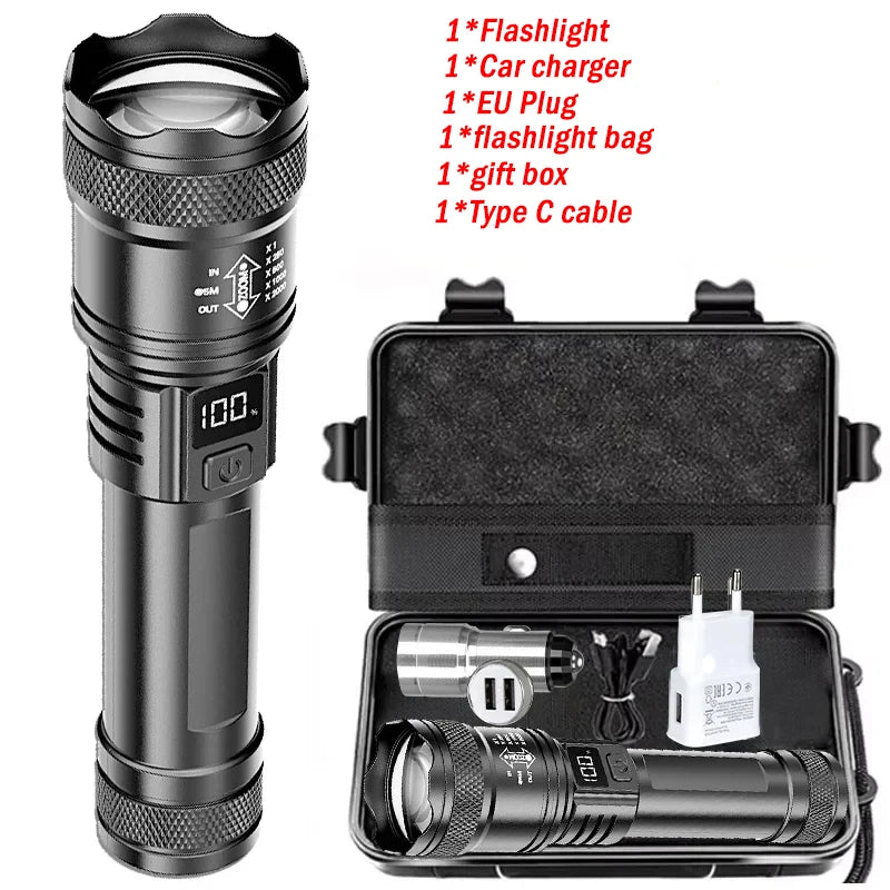 Lanternas LED de Alta Potência com Display, Tocha Tática, Luz de Display, Carregamento USB, Camping, Pesca, Defensa Zoom Lanterna, 300000LM