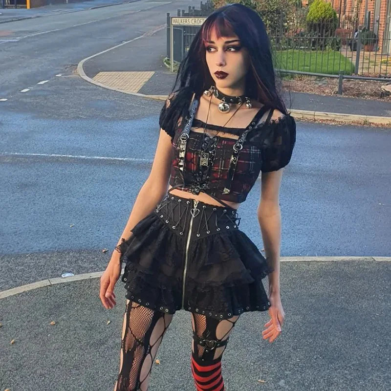 Patinador gótico punk vintage alta wasit saia feminina zíper frontal estilo japonês kawaii preto harajuku cosplay mini saias
