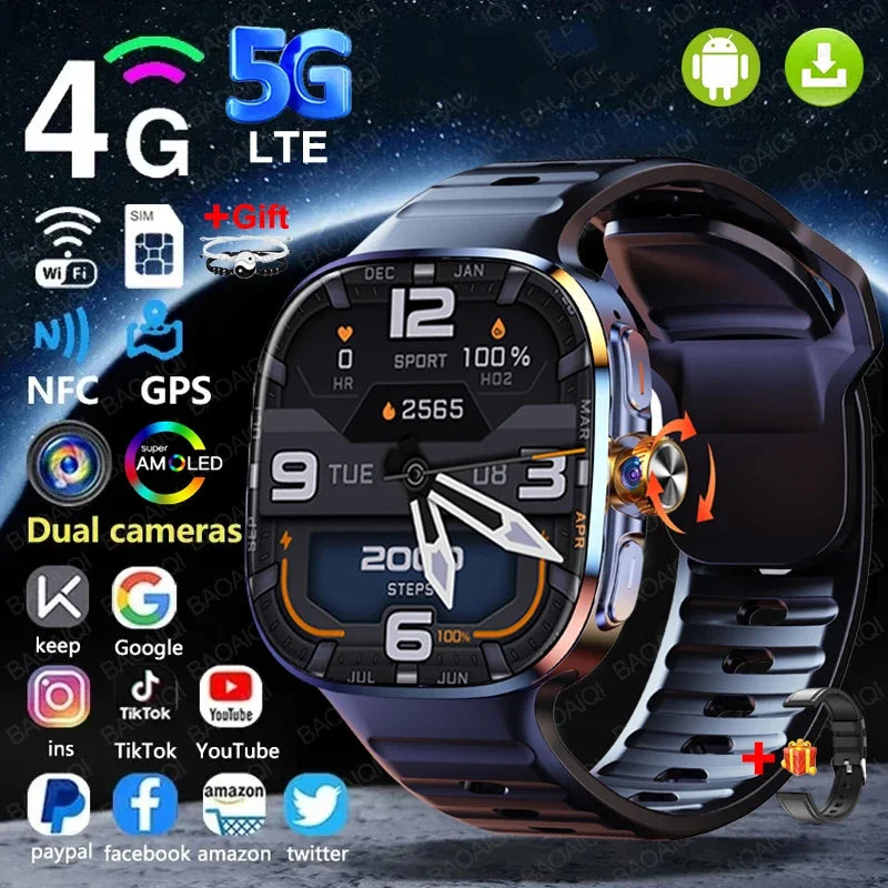 Relógio Inteligente 5G com Tela AMOLED HD de 720*720, Chamada de Vídeo, 8GB+128GB RAM, GPS, WIFI, Google Play, Relógio Inteligente com Previsão do Tempo