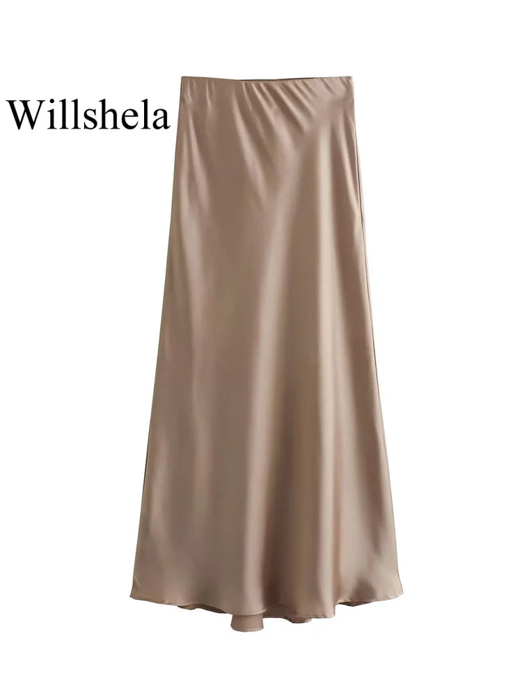 Willshela 2024 saia de cetim preto mulher cintura alta elegante saias longas para as mulheres moda verão midi saia escritório saias femininas