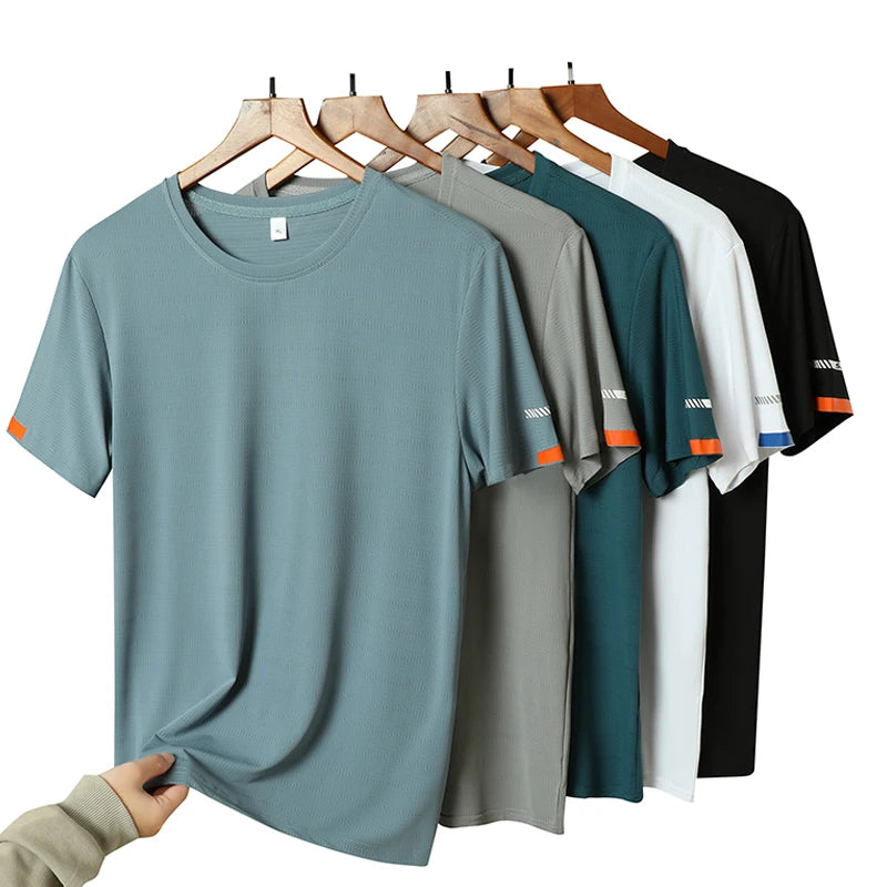 Verão masculino gelo seda camiseta moletom em torno do pescoço simples correndo terno de fitness fino respirável secagem rápida t