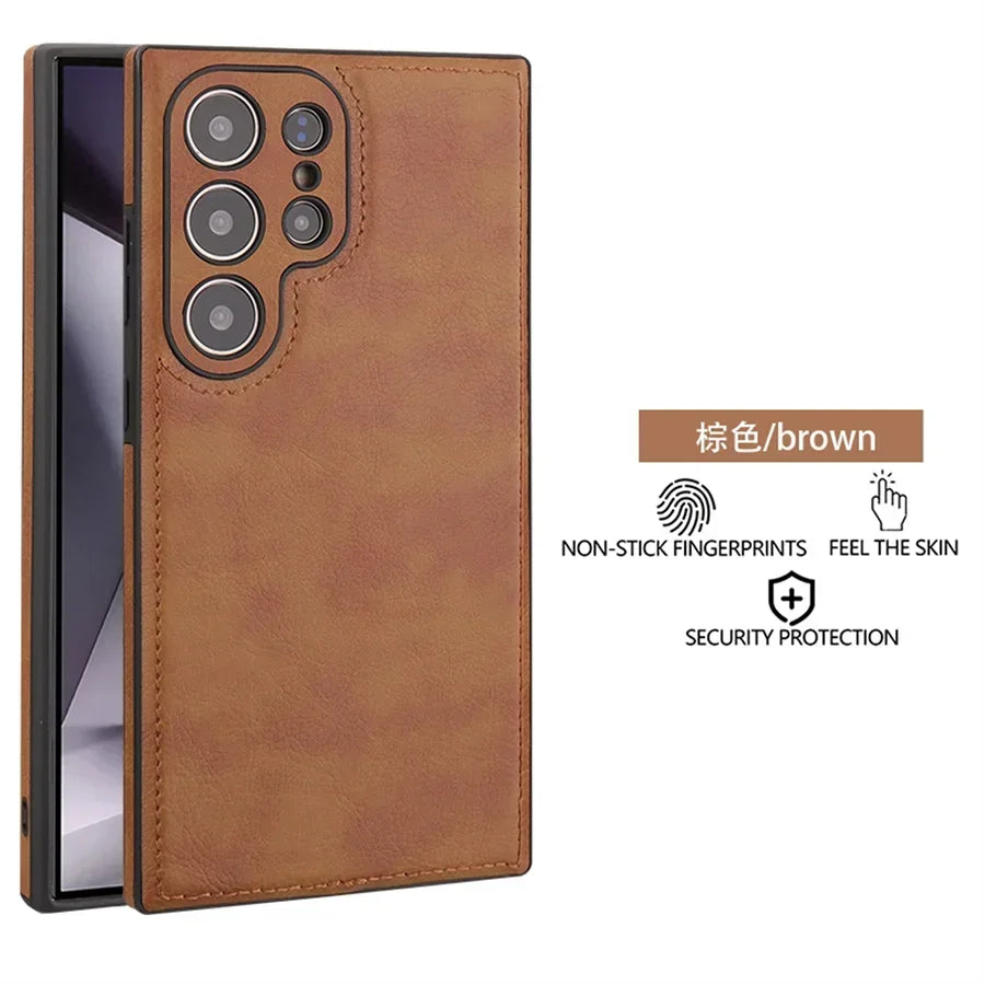 Capa de Couro PU Vintage de Luxo para Samsung S26 Ultra S25 S24 Plus S23 S22 S26Ultra, Capa Traseira Fina e Antichoque com Bumper Macio para Câmera
