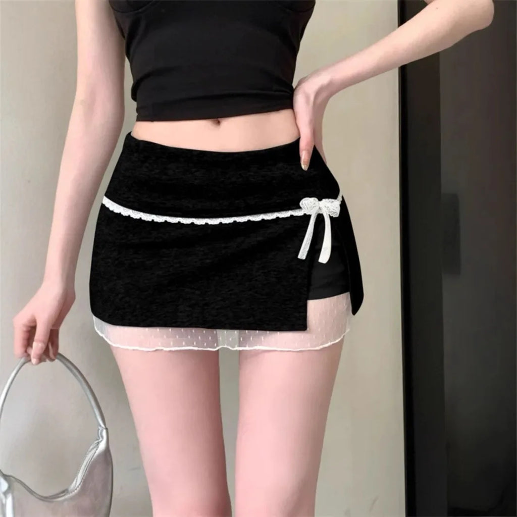 Saia  de Renda Kumikumi com Patchwork, Cintura Alta, Estilo A-Line, Saias de Verão para Mulheres, Com Laço de Borboleta, ...