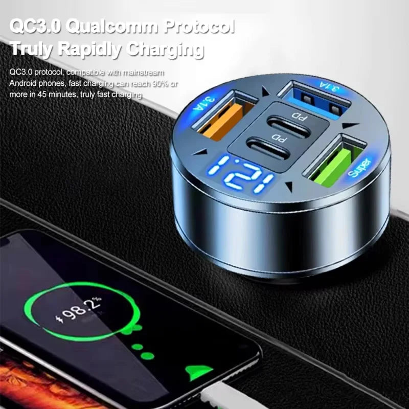 Carregador de Carro 250W com 5 Portas, Carregamento Rápido PD QC3.0, Adaptador USB C para Celular com Medidor de Voltagem para iPhone, Samsung, Huawei, Xiaomi