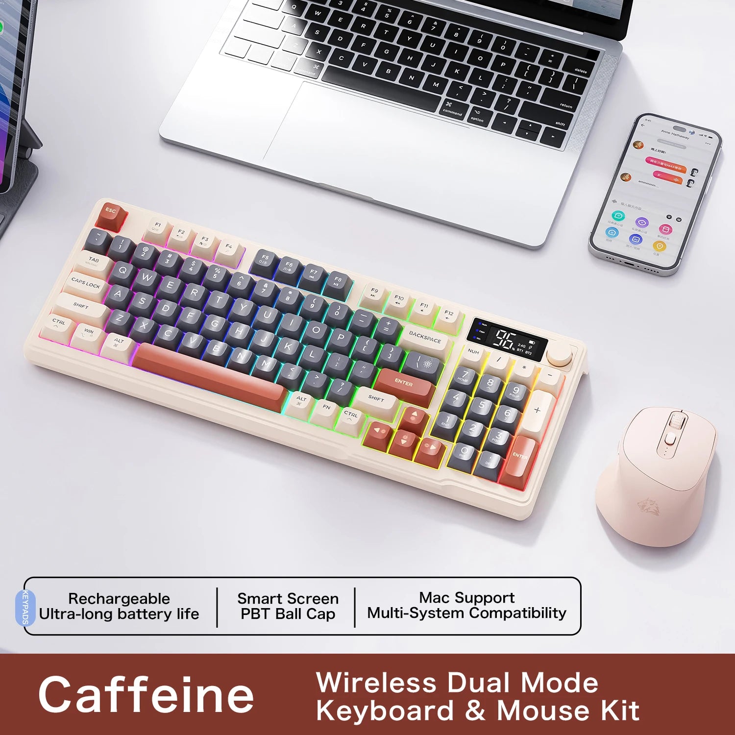 Teclado sem fio FreeWolf M96 com tela, teclado para jogos Bluetooth conexão de modo duplo, ligação multidispositivo, ergonômico