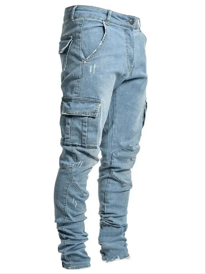 Novos calças de brim dos homens lavar cor sólida multi bolsos denim meados de cintura carga jeans plus size fahsion calças casuais masculino uso diário