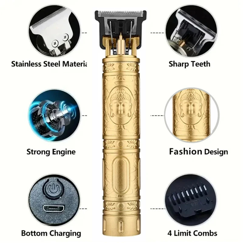 Aparador de cabelo de metal recarregável para homens, Carving Hair Clipper, Máquina de corte profissional do barbeiro