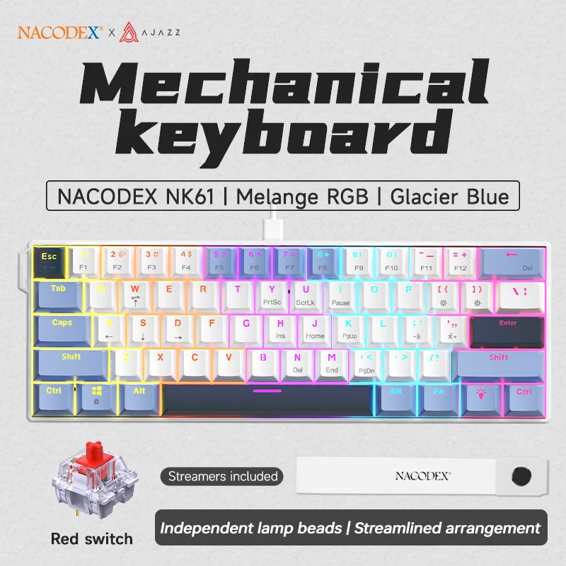 Ajazz nk61 teclado mecânico para jogos com fio 60% rgb hot-swappable 61 teclas interruptor vermelho mini teclado para gamer pc