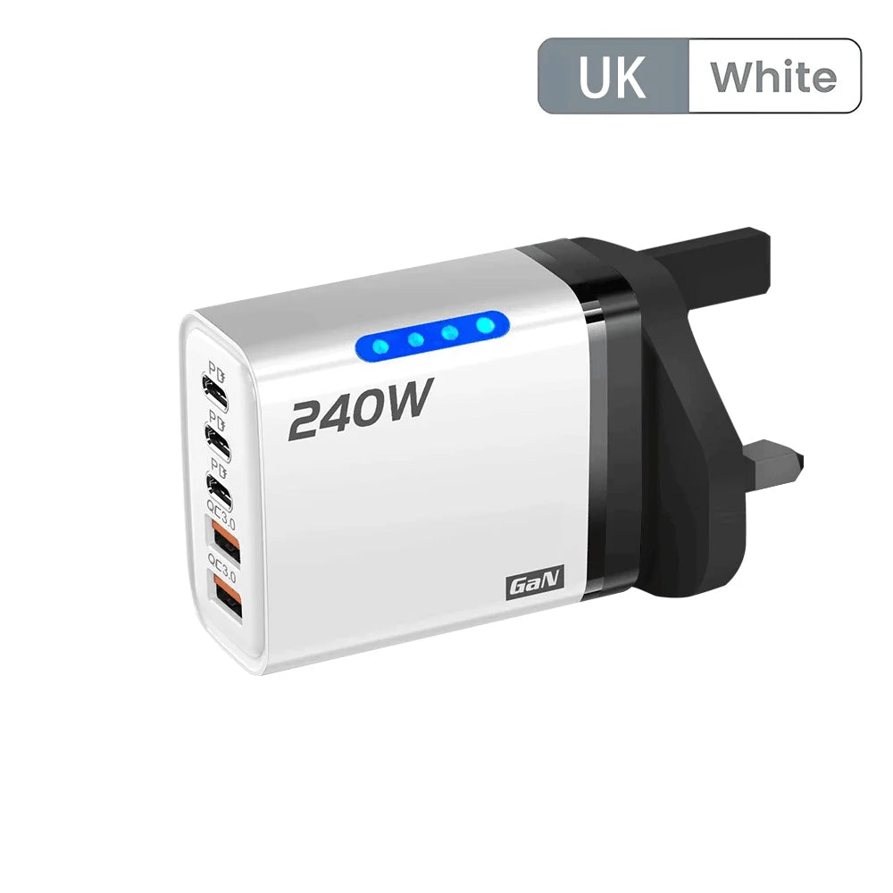 Carregador de Mesa USB C GaN 240W 5 em 1, Adaptador de Carregamento Rápido para Telefone, Cabo Tipo C 10A para iPhone, Samsung, Xiaomi, Carregador com Plugue EU/US/UK