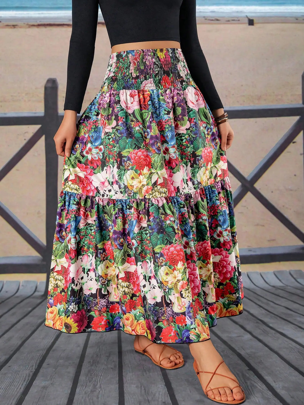 Vestido Maxi Floral com Cintura Plissada para Mulheres, Ideal para Férias e Praia
