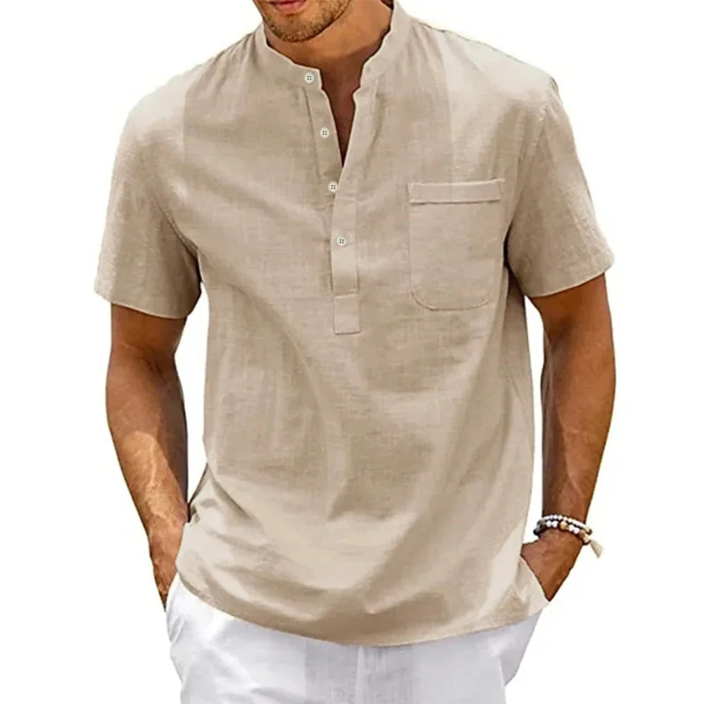 Camisa de linho de algodão masculina henley pescoço bolso casual praia manga curta cor sólida masculino topos camisetas vintage streetwear