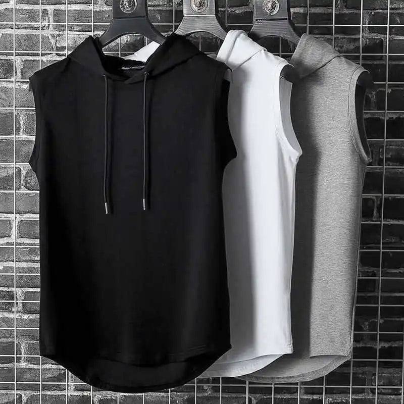 Cor sólida 2023 marca nova regata masculina colete sem mangas camisetas para masculino com capuz homem coletes topos hip hop regata masculina t camisa
